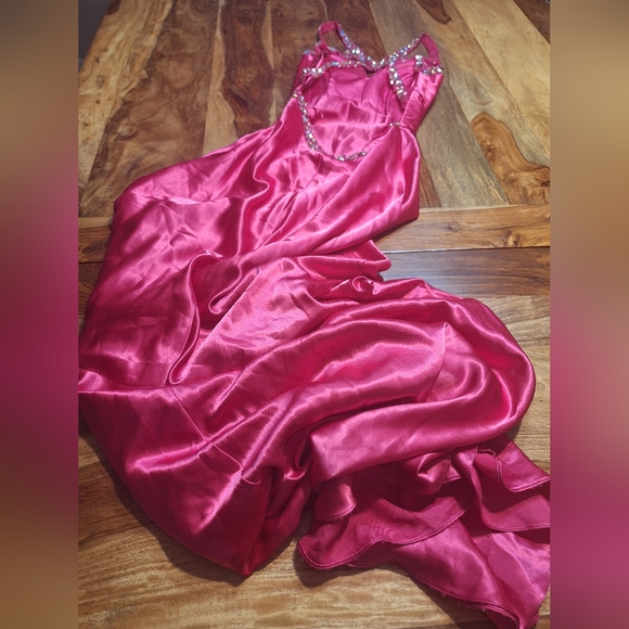 La Femme Pink Satin Sequin Gown - Picture 7 of 7